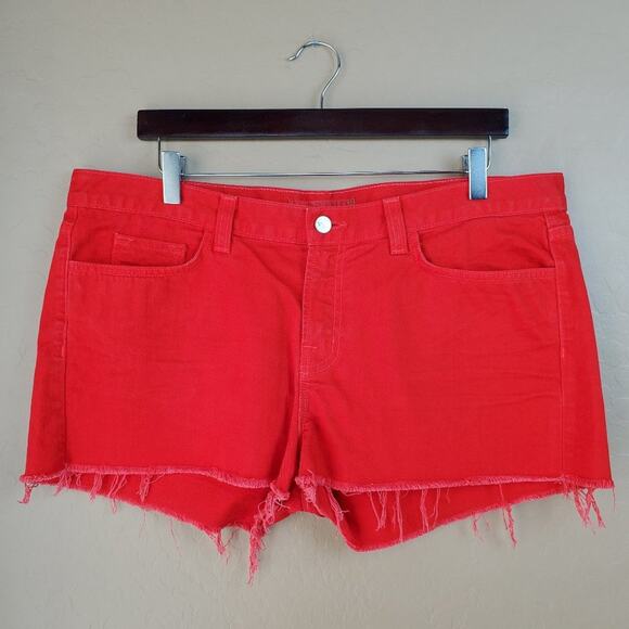 J Brand High Rise Cutoff Raw Hem Red Denim Shorts - Picture 2 of 9